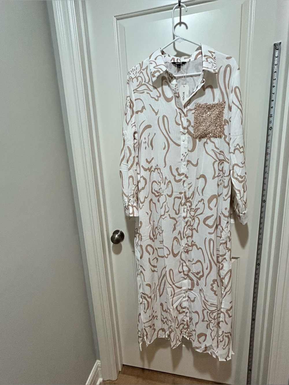 ADOR women’s size L White Maxi Dress / Swim Cover, Tan Floral Print NWT